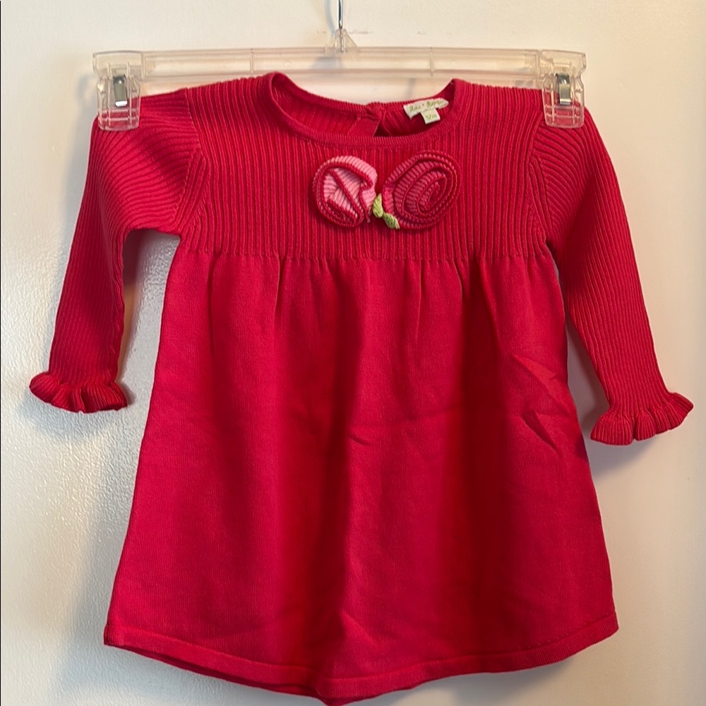 Red Long Sleeve Toddler Dress with Rose Detail